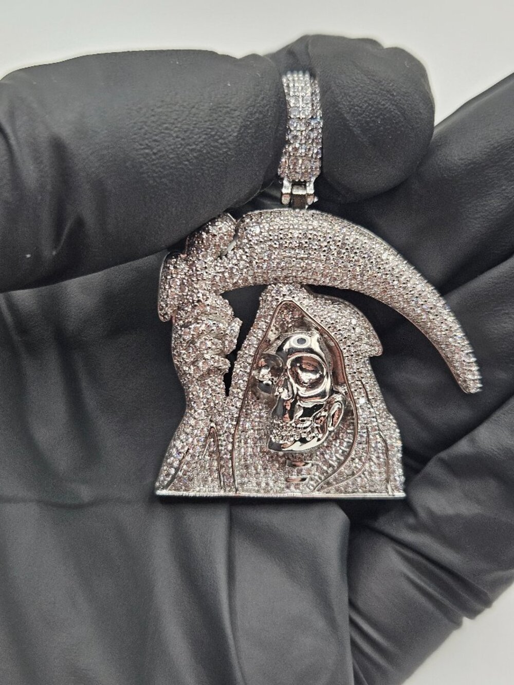 Iced Out Silver Filled 5A CZ Grim Reaper Santa Muerte Pendant 9mm Bail